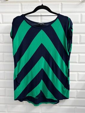 Cable & Gauge Women’s Medium Green and Navy Striped Short Sleeve Blouse